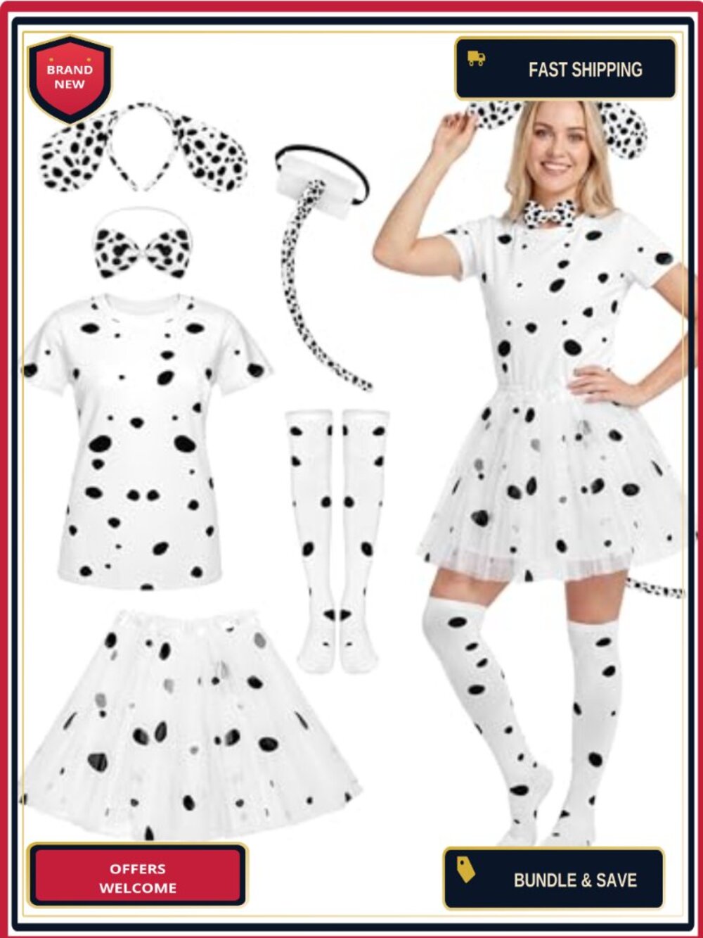 Dalmatian Costume Set Dog Shirt Tutu Skirt Headband Tail Halloween